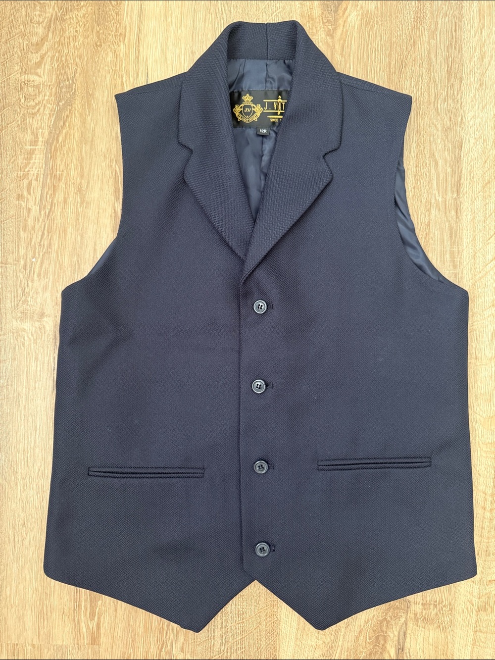 Boy’s Navy Textured Vest with Notch Lapel, Size 12R